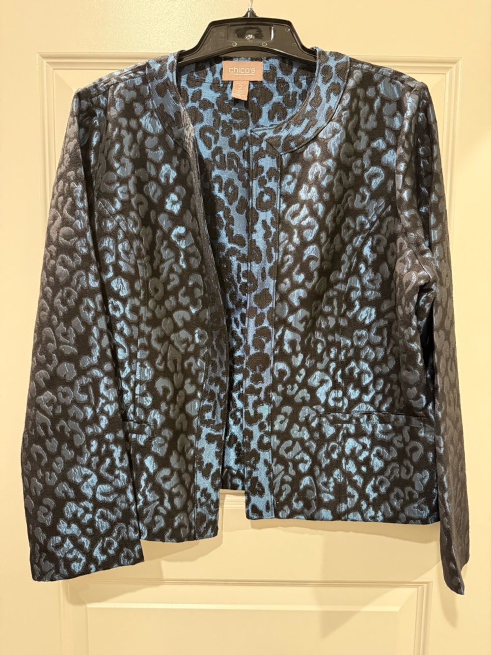 Chico's Blue and Black Leopard Open-Front Jacket